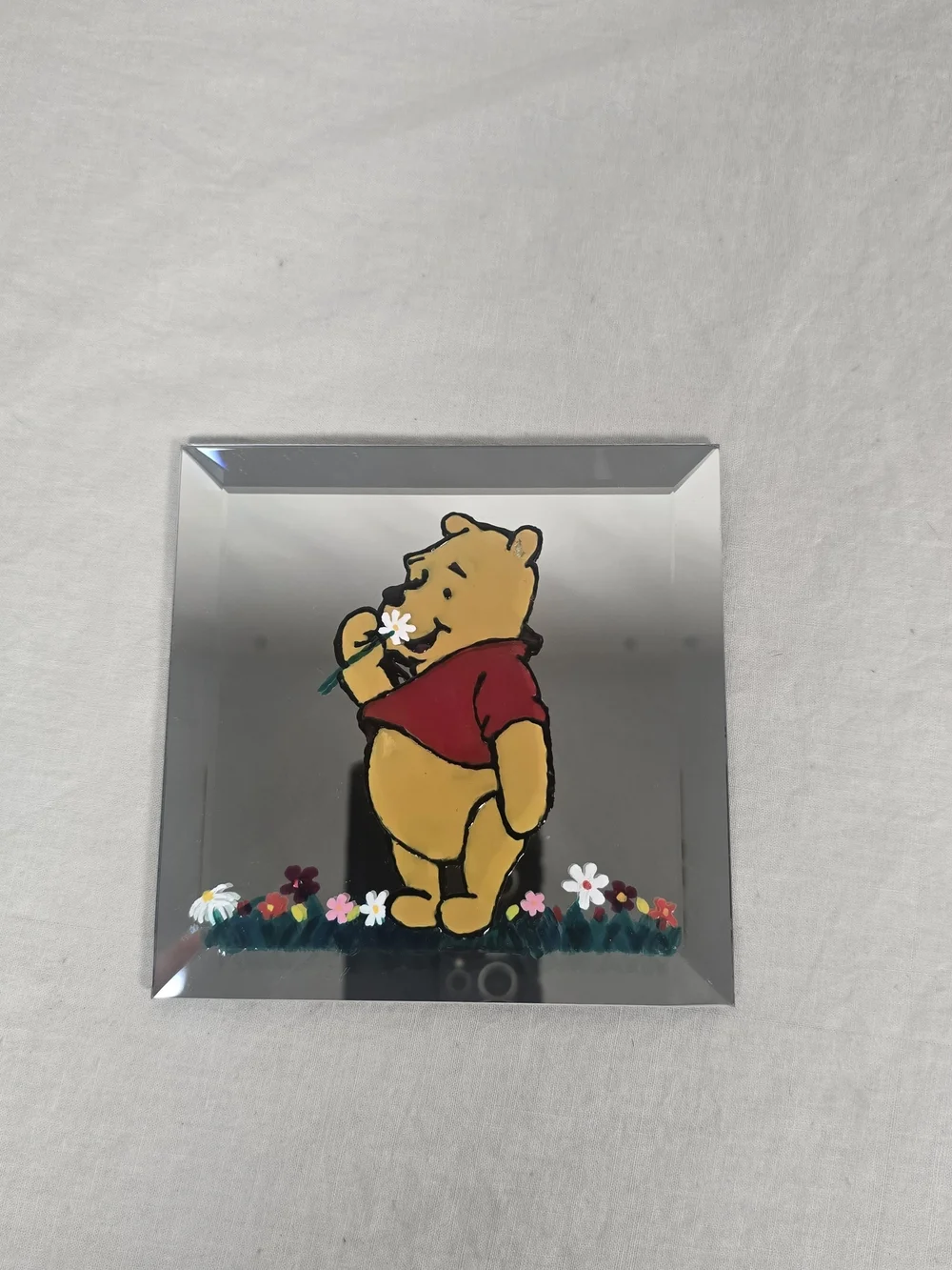 Winnie the Pooh Hand Painted Beveled Mirror Tile 5” Floral Vintage Decor